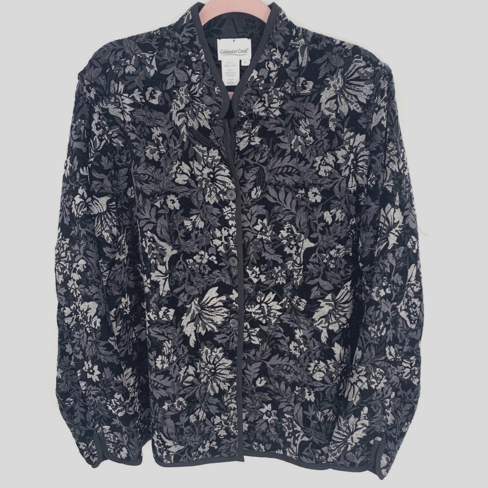 Coldwater Creek XL Floral Jacquard Jacket Black Gray Textured Button Front Goth - Picture 2 of 7